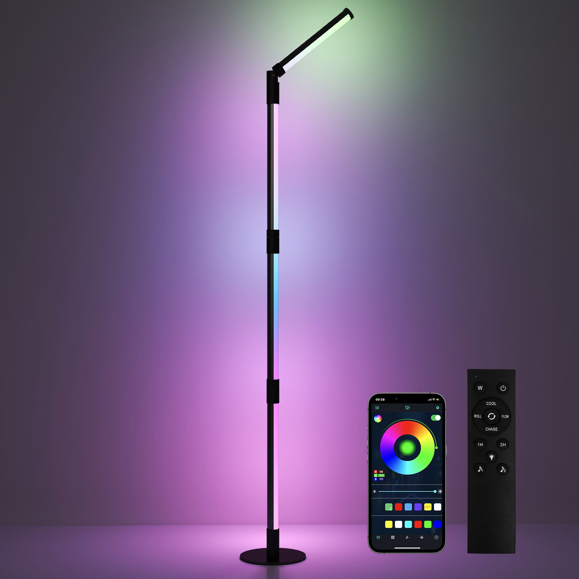 Photo of HOMCOM LED Floor Lamp, 360° RGB Detachable Corner Floor Lamp with App & Remote Control, Colour Changing Standing Lamp with Music Sync & Timing, for Living Room, Game Room, Dark Grey in Grey colour on a white background