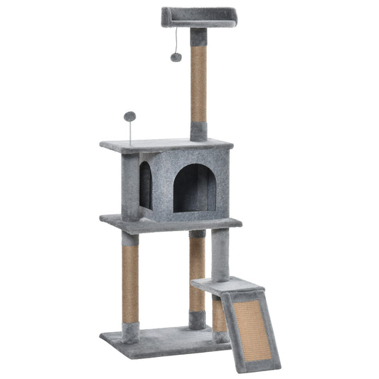 Photo of PawHut Cat Tree Tower 142cm Climbing Kitten Activity Center with Jute Scratching Post Board, Removable Felt Hanging Toy, Grey in Grey colour on a white background