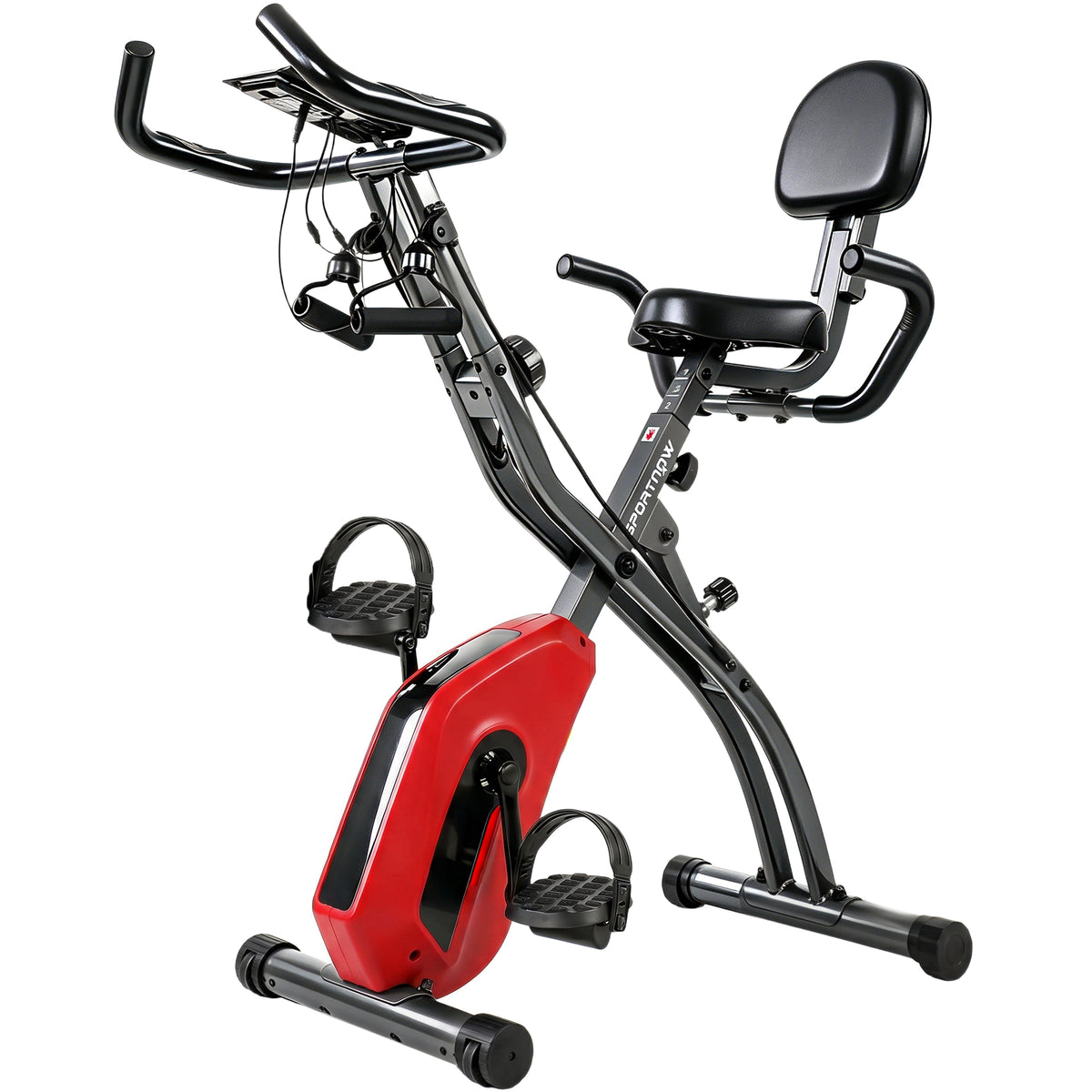 Photo of SPORTNOW 4-In-1 Folding Exercise Bike with Resistance Bands, Bluetooth App, 8-Level Magnetic Resistance, LCD Display, Red in Red colour on a white background