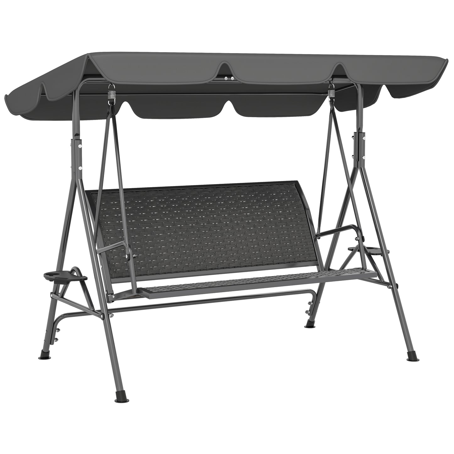 Photo of Outsunny 3 Seater Swing Chair, Garden Swing Seat Bench with Adjustable Canopy, Rattan Seat and Steel Frame for Patio, Yard, Grey in Grey colour on a white background