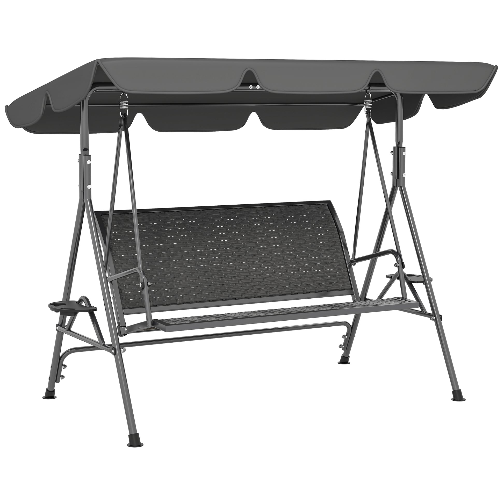 Photo of Outsunny 3 Seater Swing Chair, Garden Swing Seat Bench with Adjustable Canopy, Rattan Seat and Steel Frame for Patio, Yard, Grey in Grey colour on a white background