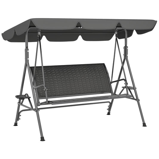 Photo of Outsunny 3 Seater Swing Chair, Garden Swing Seat Bench with Adjustable Canopy, Rattan Seat and Steel Frame for Patio, Yard, Grey in Grey colour on a white background