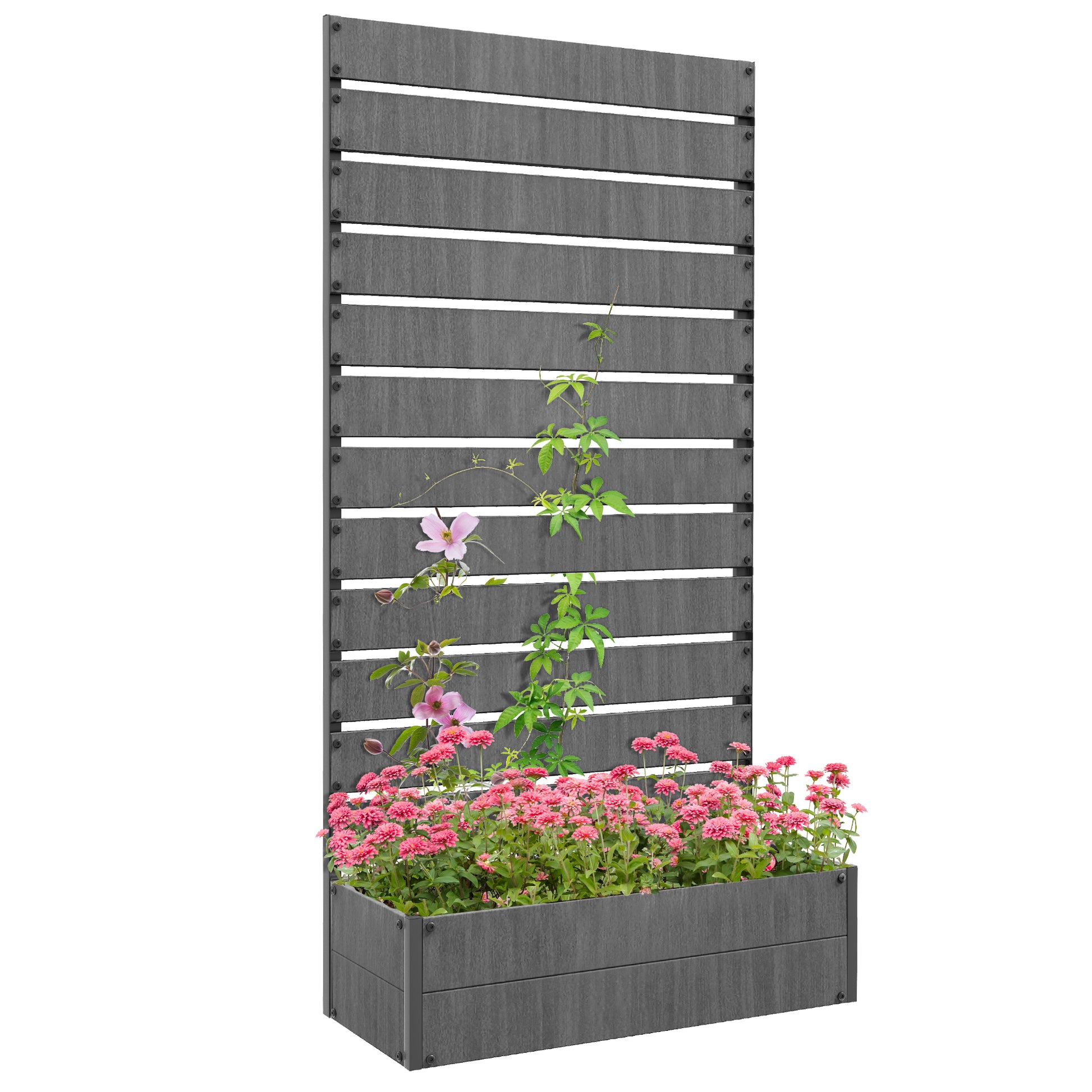 Photo of Outsunny Raised Bed for Garden, Planter with Trellis for Climbing Plants, Vines, Planter Box with Drainage Gap, Dark Grey in Grey colour on a white background