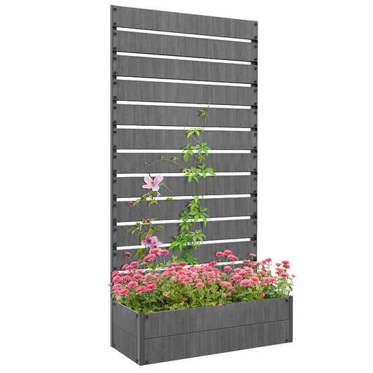 Photo of Outsunny Raised Bed for Garden, Planter with Trellis for Climbing Plants, Vines, Planter Box with Drainage Gap, Dark Grey in Grey colour on a white background