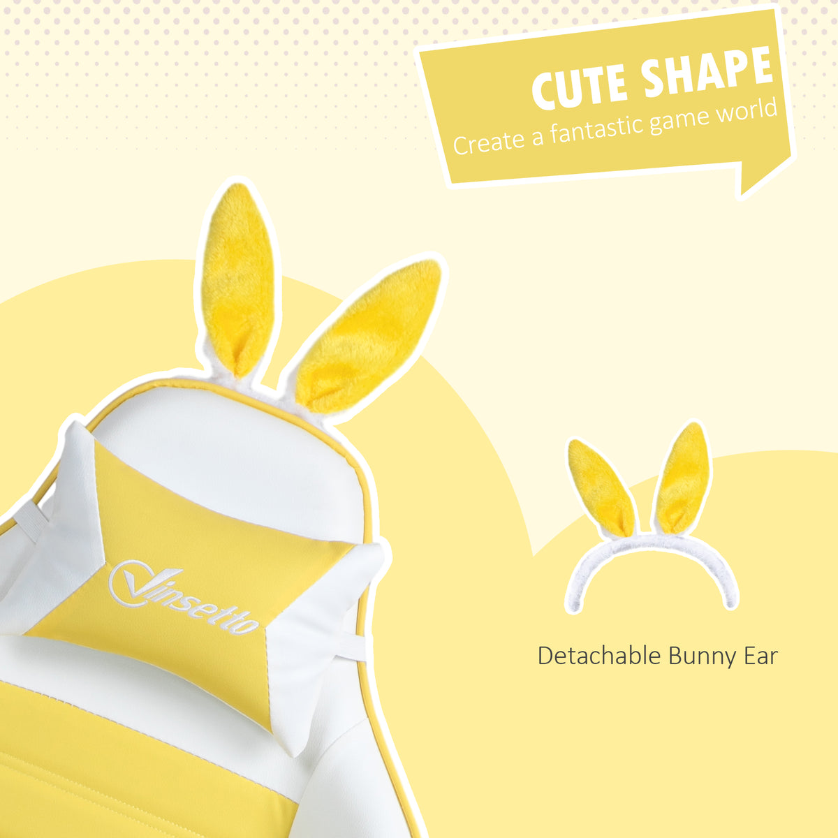 Vinsetto Gaming Chair with Rabbit Ears and Footrest, Ergonomic Computer Chair for Girls Adults, with Headrest, Lumbar Support, Reclining Back, Swivel Wheels, Yellow and White