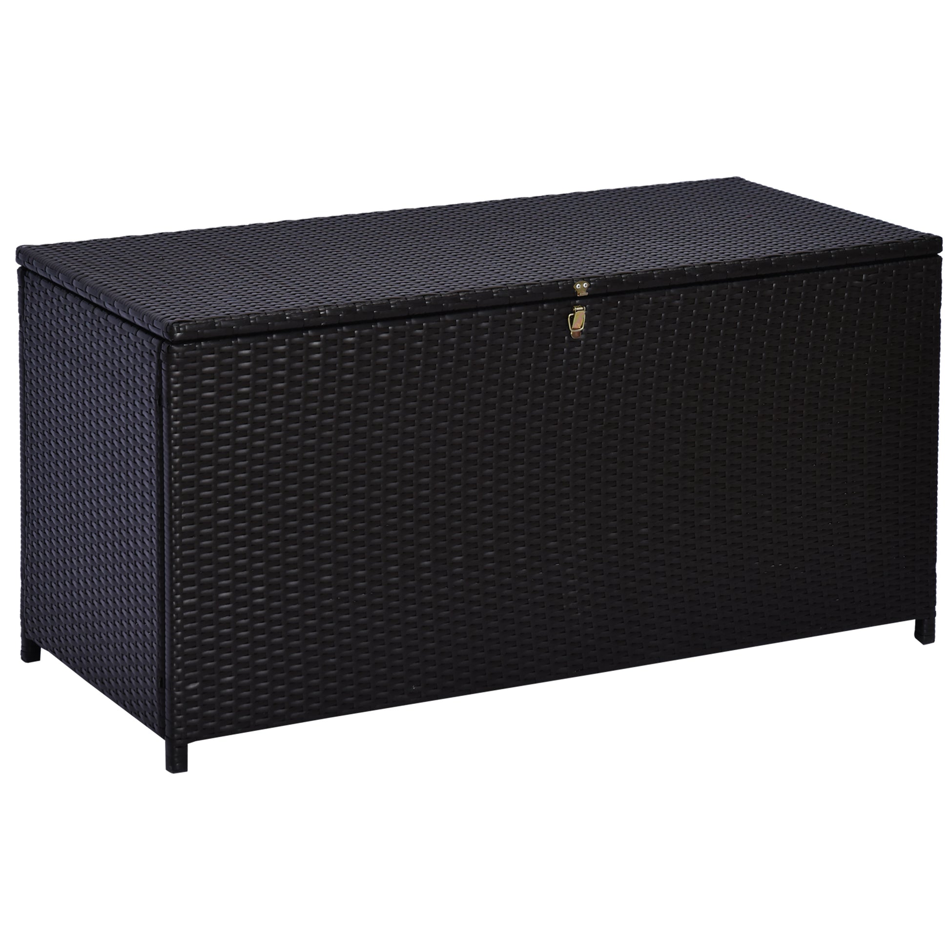 Photo of Outsunny 284 L Rattan Garden Storage Box, Outdoor Garden Storage Box with Gas Lift and Lockable Lid, Outdoor Wicker Rattan Chest Container for Garden Tools, 118 x 54 x 59 cm, Dark Brown in Brown colour on a white background