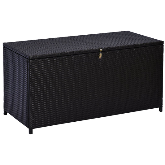 Photo of Outsunny 284 L Rattan Garden Storage Box, Outdoor Garden Storage Box with Gas Lift and Lockable Lid, Outdoor Wicker Rattan Chest Container for Garden Tools, 118 x 54 x 59 cm, Dark Brown in Brown colour on a white background