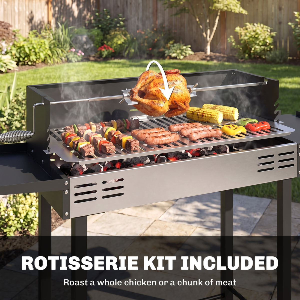 Outsunny charcoal grill cooking chicken on the rotisserie with food on the grate