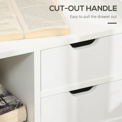 Close-up of two white nightstand drawers with cut-out handles