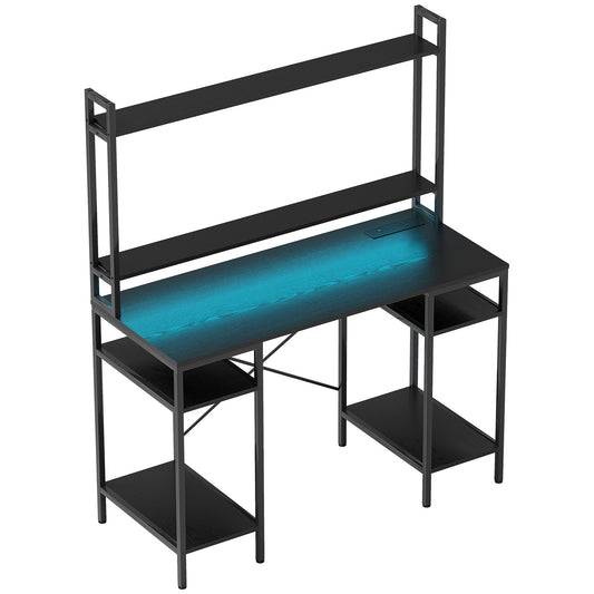 Photo of HOMCOM Computer Desk with Power Outlets and LED Lights, Home Office Desk with Monitor Stand, 2 CPU Stands and Storage Shelves, Study Table Gaming Desk with Hutch, Black in Black colour on a white background