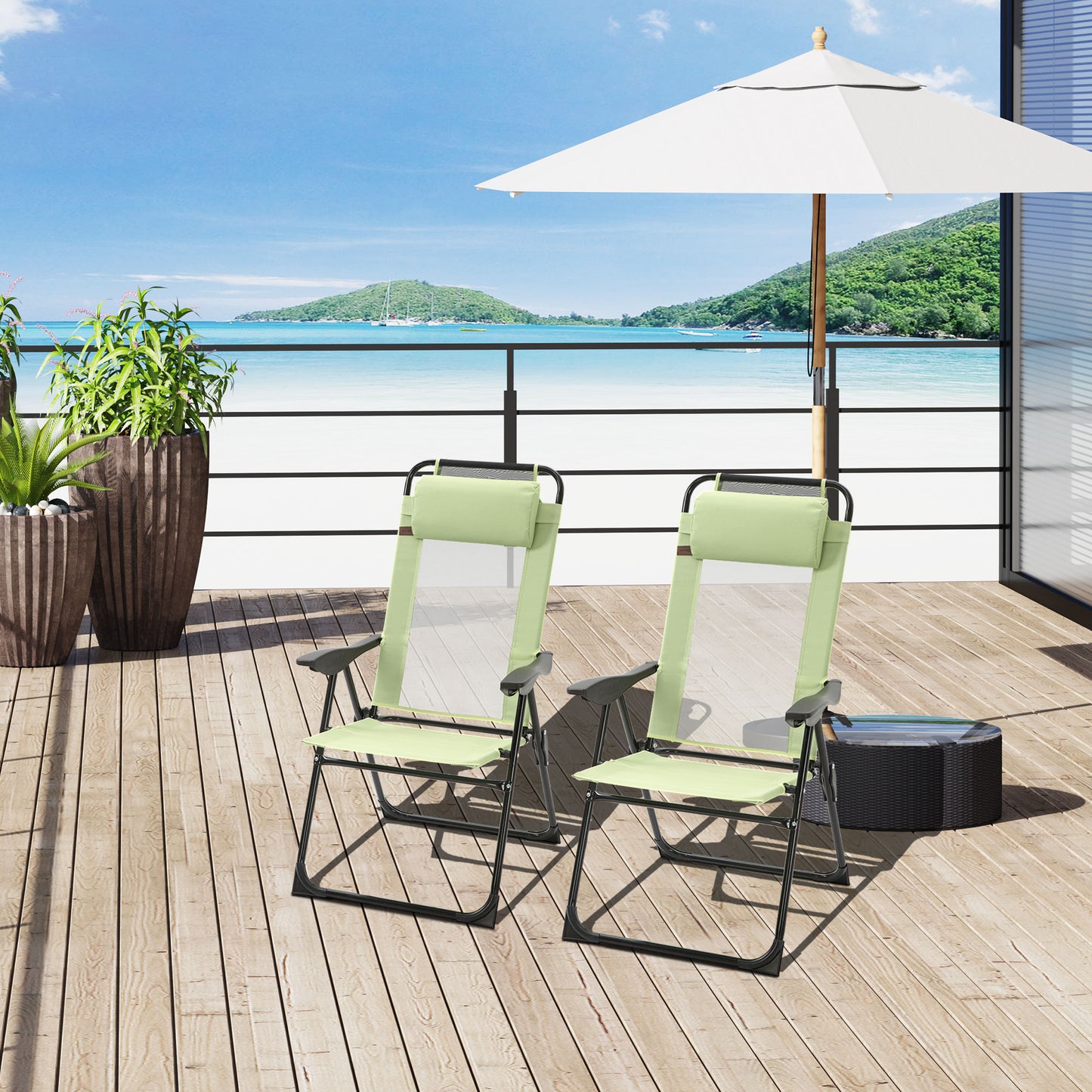 Outsunny Folding Garden Chairs Set of 2, 5-Position Recliner Camping Chair with High Back, All Weather Texteline Seat, Portable Outdoor Dining Chairs with Headrests for Patio, Picnic, Green
