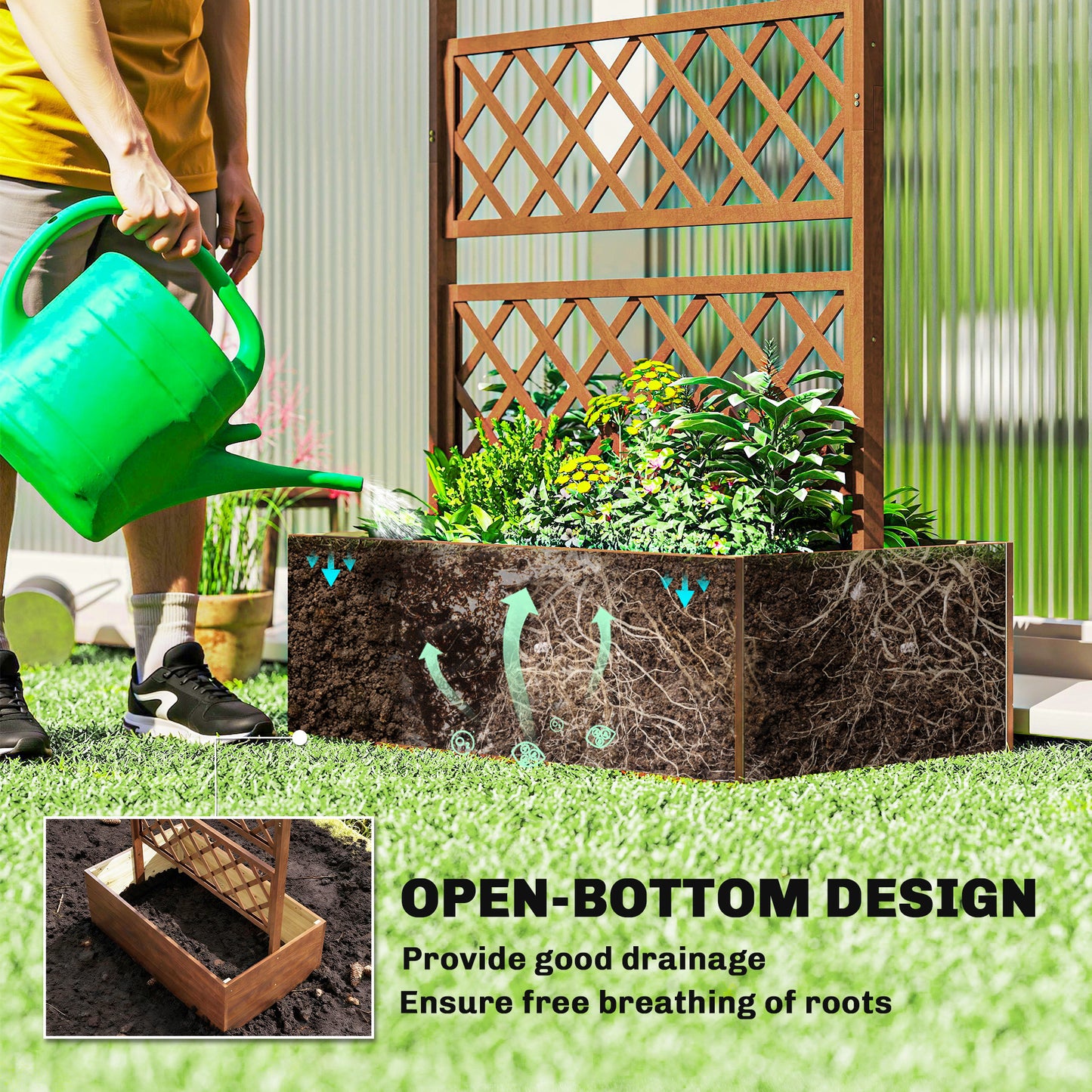 Outsunny Wooden Trellis Planter Box, Raised Garden Bed to Grow Vegetables, Herbs and Flowers, Orange