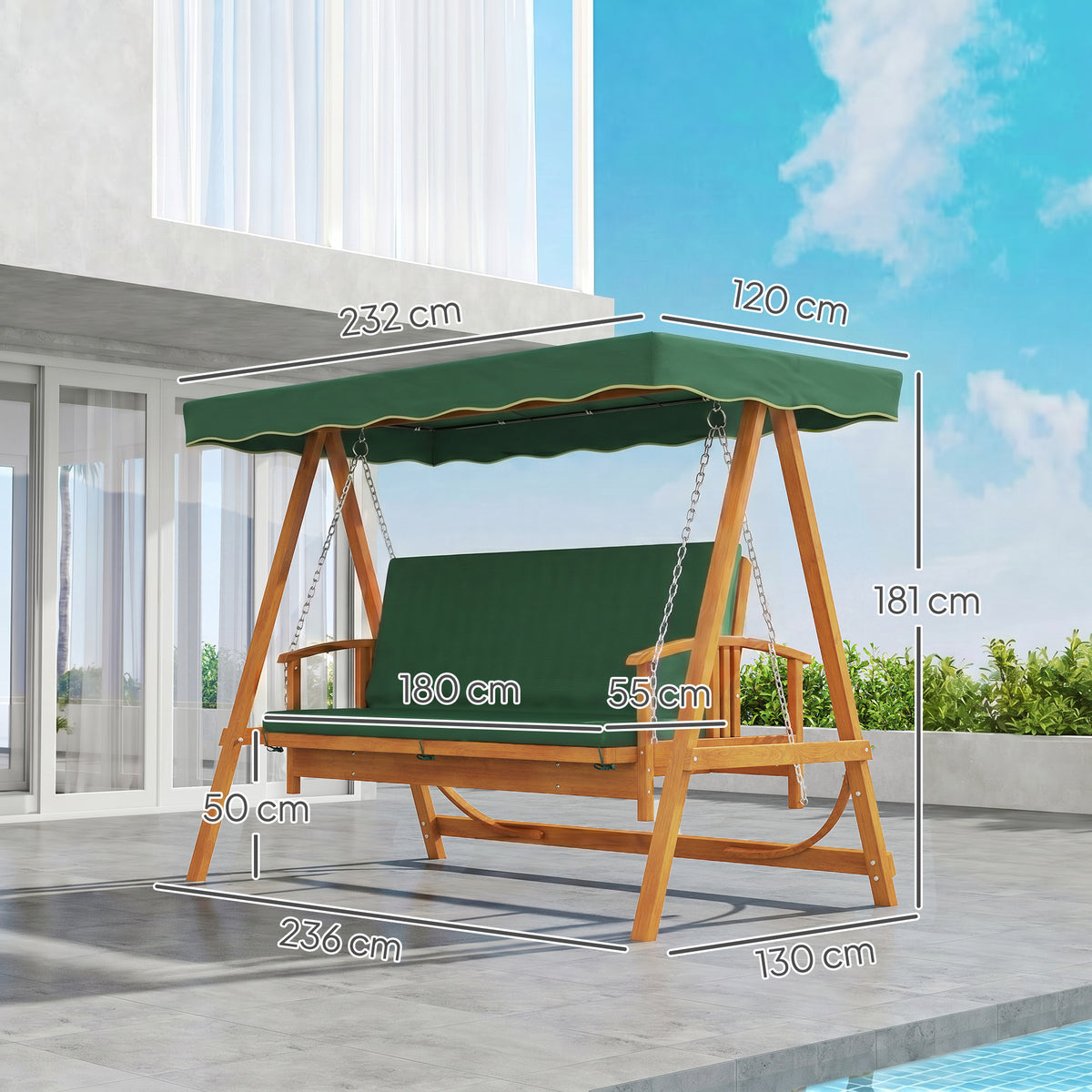 Wooden garden swing with green canopy, shown with dimensions