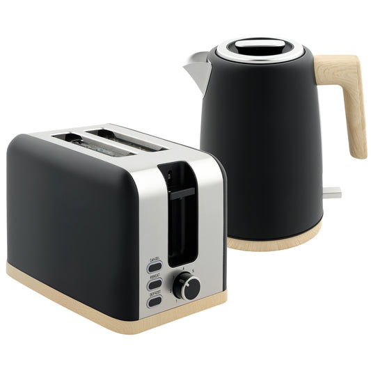 Photo of HOMCOM Stainless Steel Kettle and Toaster Set, 1.7L 3000W Fast Boil Kettle & 2 Slice Toaster Kitchen Set with 7 Level Browning Controls, Defrost, Reheat, Auto Off, Boil-dry Protection, Black in Black colour on a white background