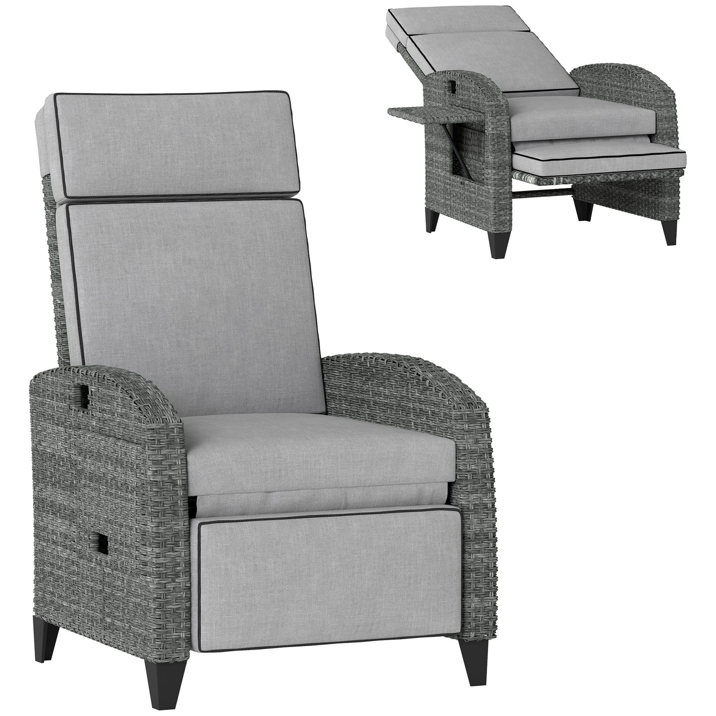 Photo of Outsunny Outdoor Recliner Chair with Adjustable Backrest and Footrest, Cushion, Side Tray, Light Grey/Grey in Grey/Grey colour on a white background