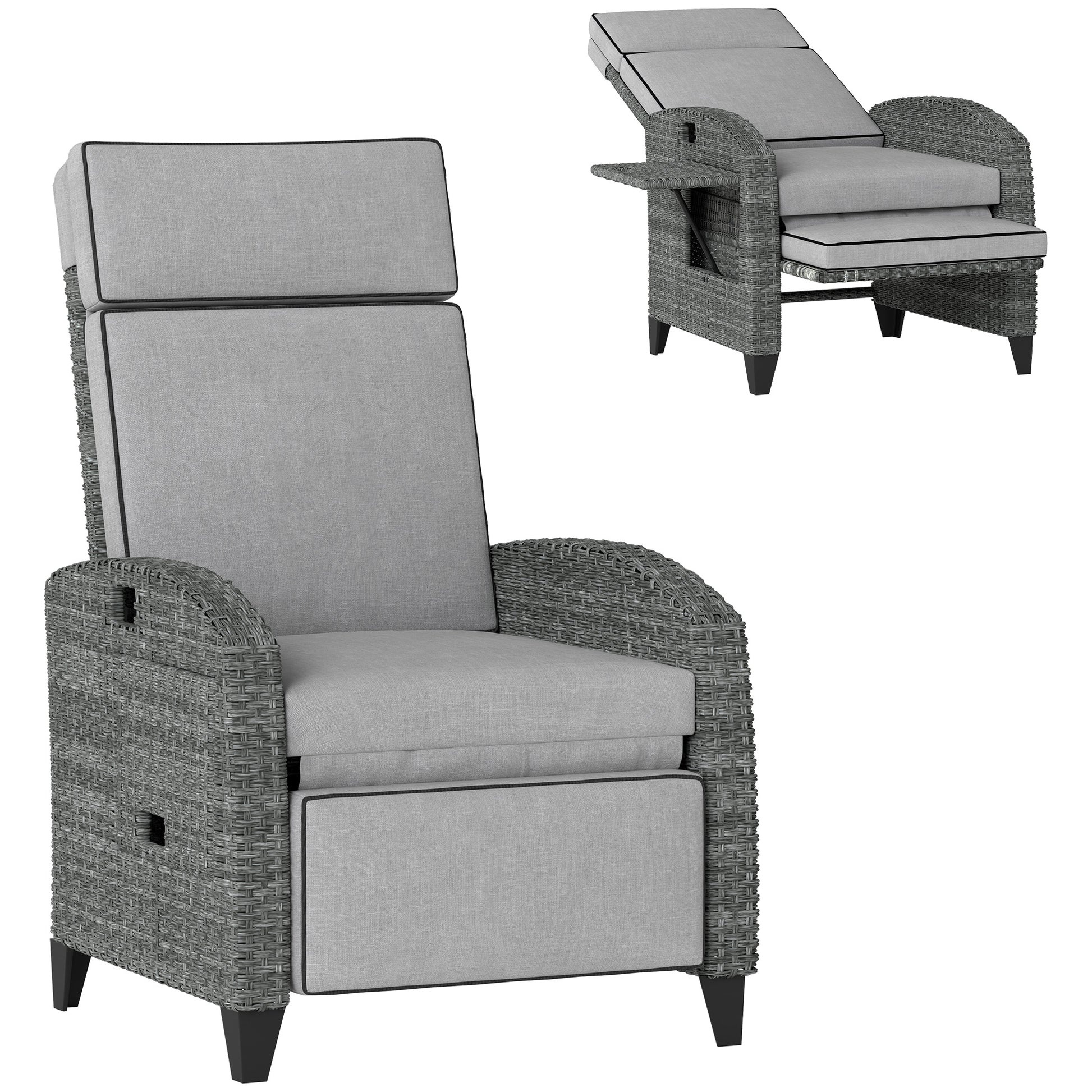 Photo of Outsunny Outdoor Recliner Chair with Adjustable Backrest and Footrest, Cushion, Side Tray, Light Grey/Grey in Grey/Grey colour on a white background