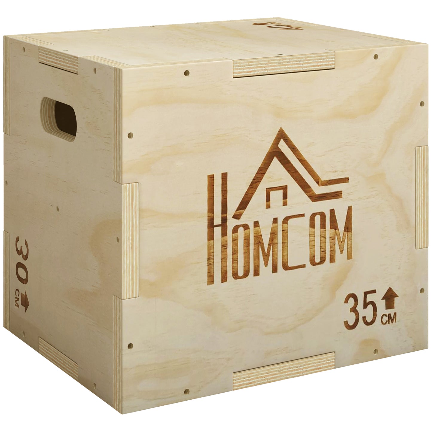 Photo of HOMCOM 3-in-1 Wooden Plyo Box, Plyometric Jump Box with Handle Openings for Home Gym, 12" x 14" x 16", Natural in Natural colour on a white background