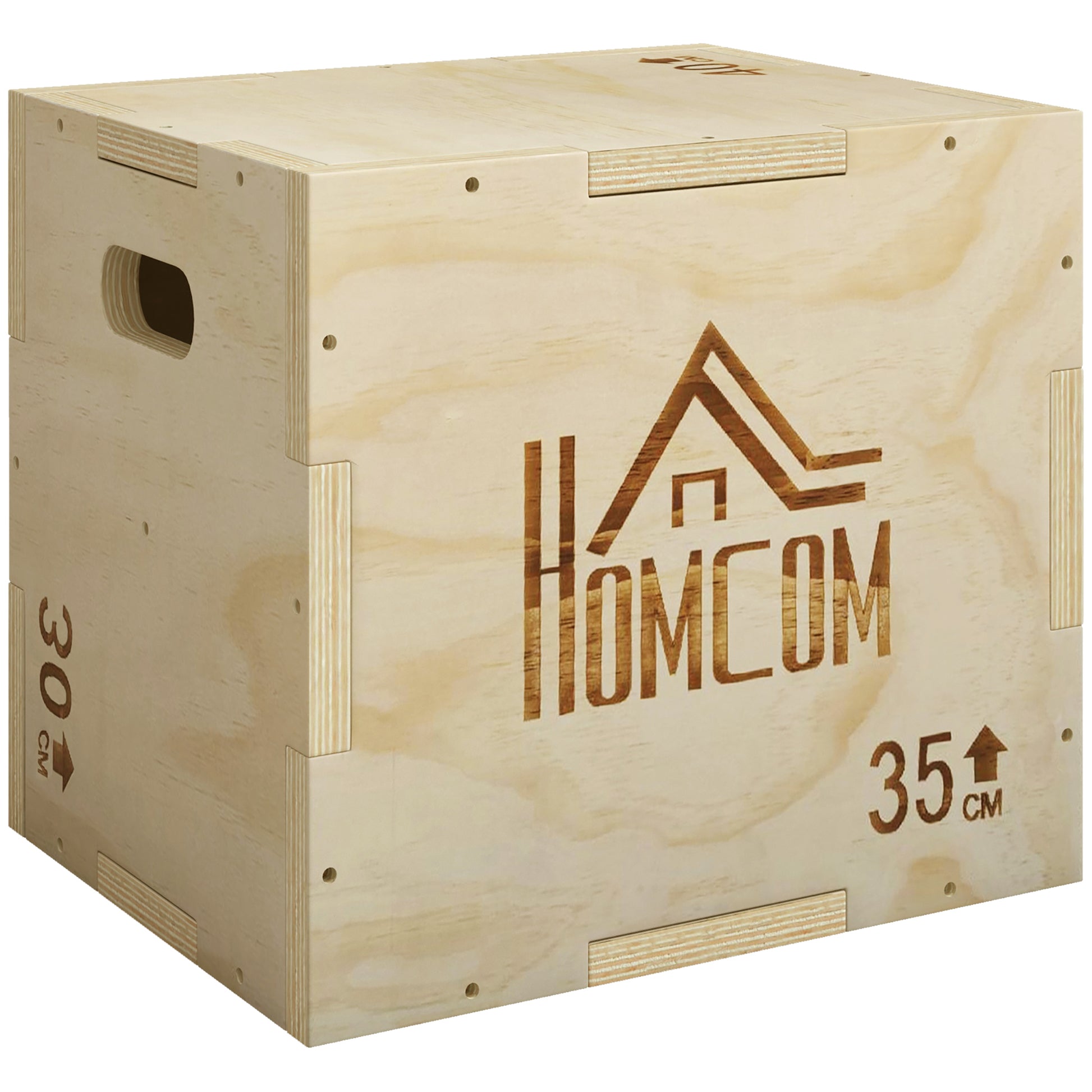 Photo of HOMCOM 3-in-1 Wooden Plyo Box, Plyometric Jump Box with Handle Openings for Home Gym, 12" x 14" x 16", Natural in Natural colour on a white background