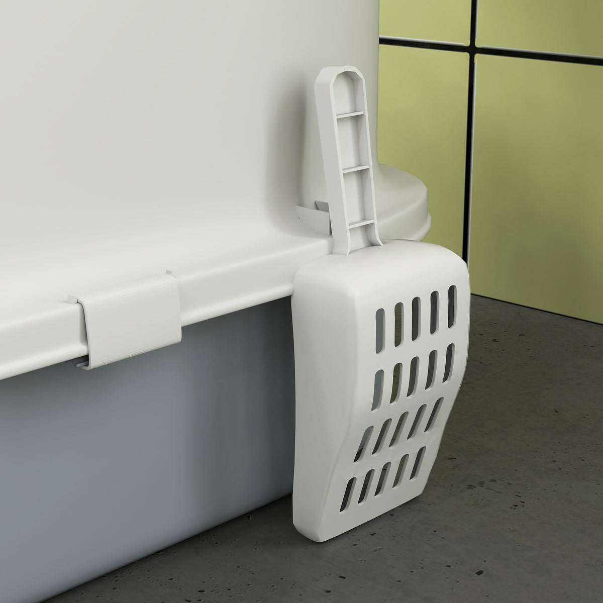White litter scoop holder attached to the side of a cat litter box