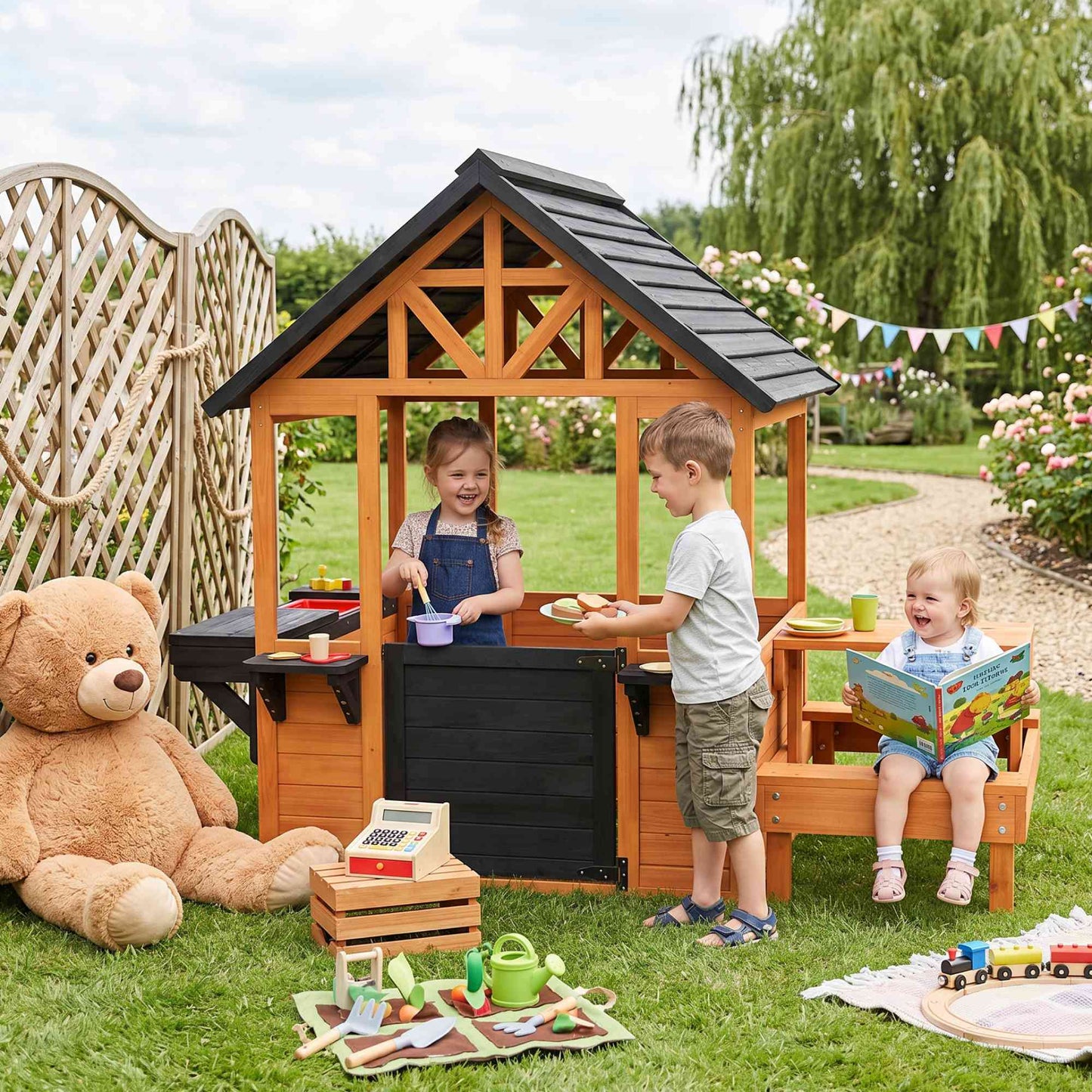 AIYAPLAY Wooden Playhouse Playhouse for Kids with Table, Benches, Sink Table, Windows, Flowerpot Holders, for Ages 3-8, Brown