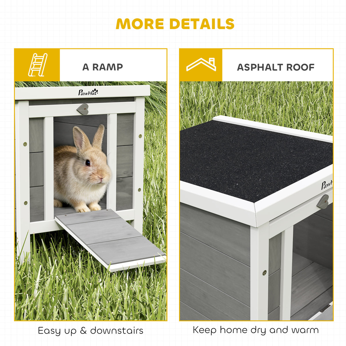 PawHut rabbit hutch with access ramp and black asphalt roof