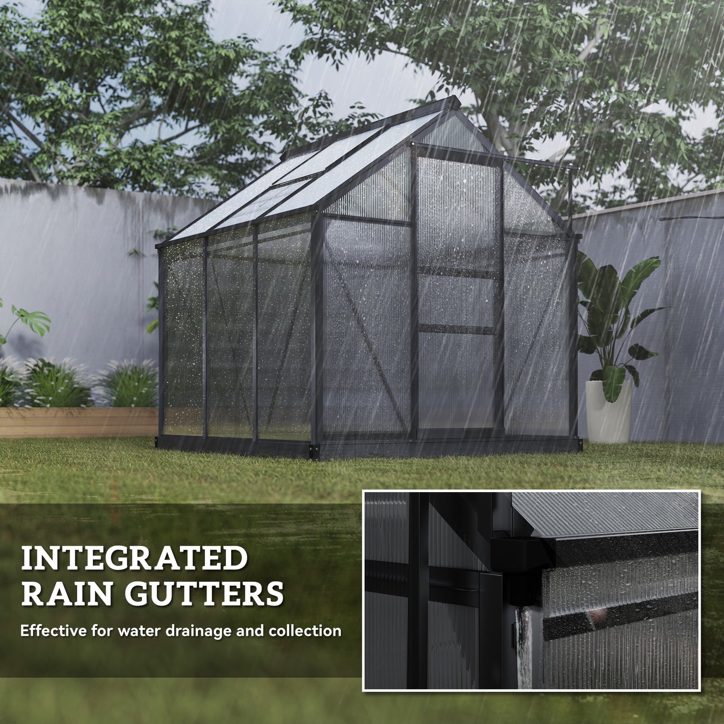 Outsunny 6 x 6ft Polycarbonate Greenhouse, Large Walk in Green House with Slide Door and Window, Garden Plants Grow House with Aluminium Frame and Foundation, Grey