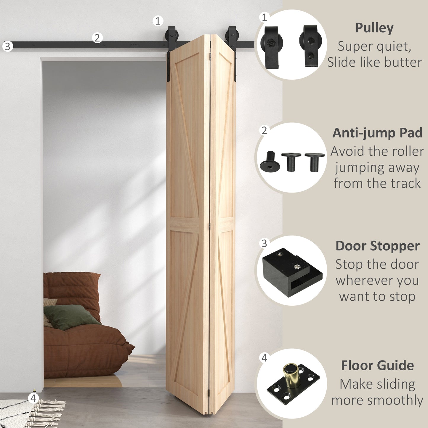 HOMCOM 5ft Bi-Folding Sliding Barn Door Hardware Kit - Black