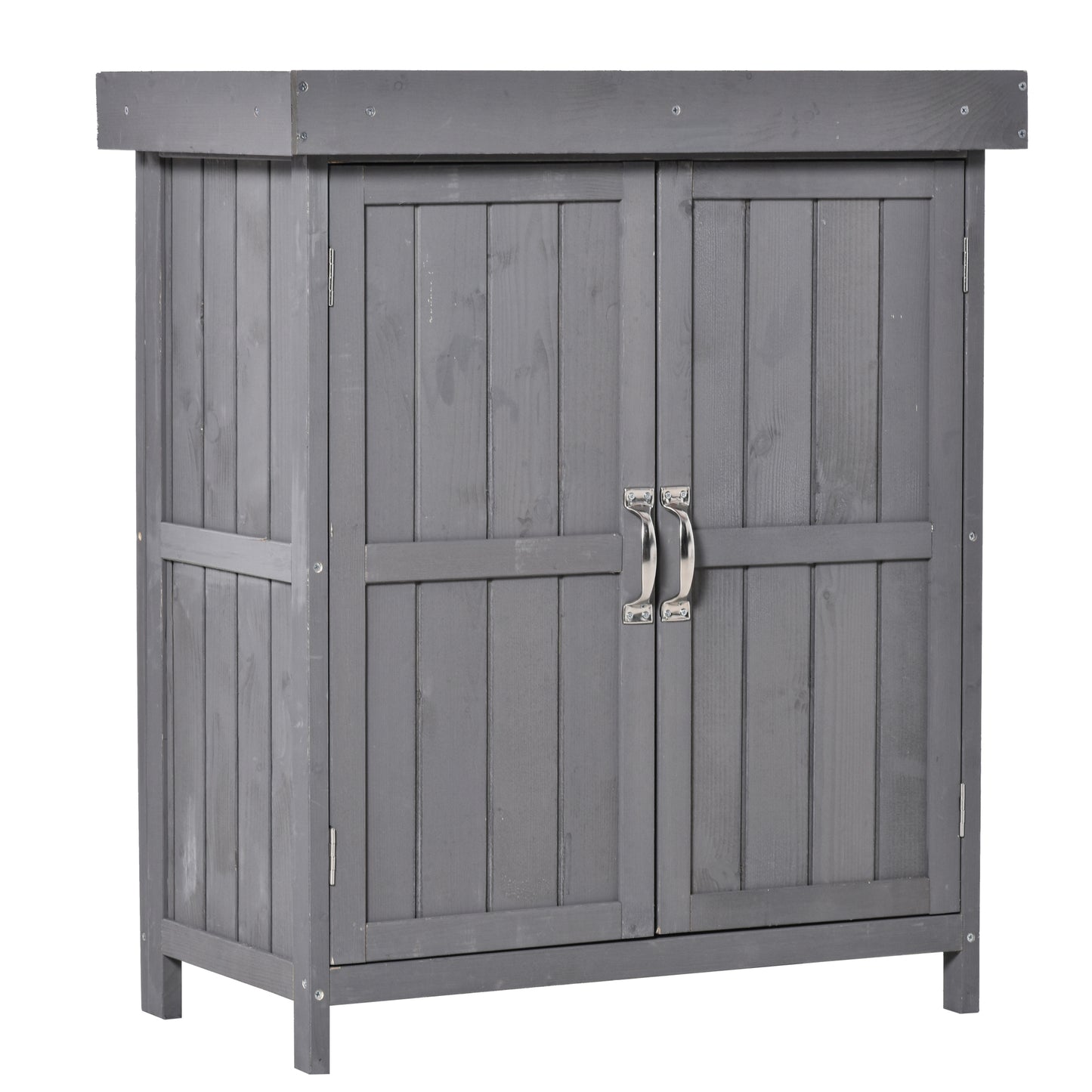 Photo of Outsunny Small Shed, Wooden Garden Shed with Openable Hinged Roof and Removable Shelf, Outdoor Tool Storage Cabinet Chest with Double Doors, 74 x 43 x 88 cm, Grey in Grey colour on a white background