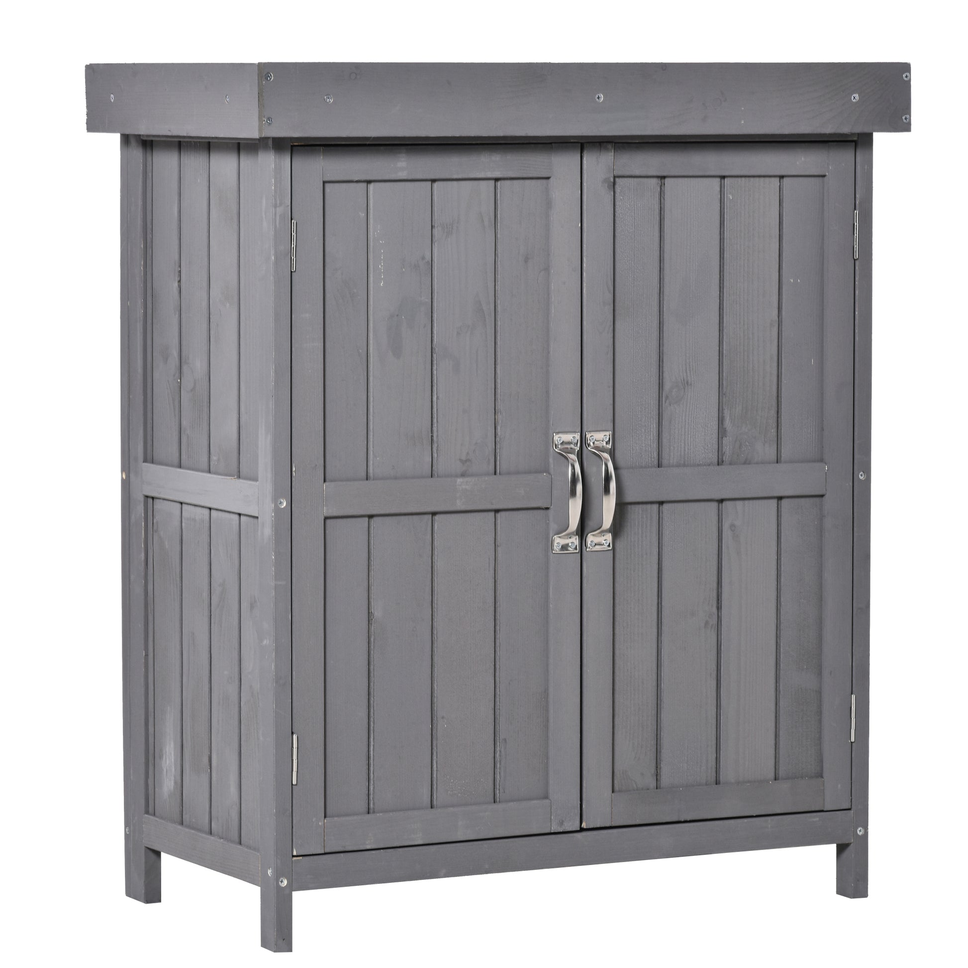 Photo of Outsunny Small Shed, Wooden Garden Shed with Openable Hinged Roof and Removable Shelf, Outdoor Tool Storage Cabinet Chest with Double Doors, 74 x 43 x 88 cm, Grey in Grey colour on a white background