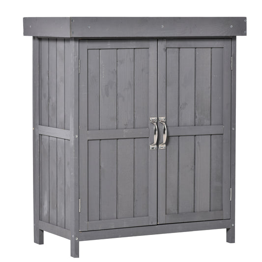Photo of Outsunny Small Shed, Wooden Garden Shed with Openable Hinged Roof and Removable Shelf, Outdoor Tool Storage Cabinet Chest with Double Doors, 74 x 43 x 88 cm, Grey in Grey colour on a white background