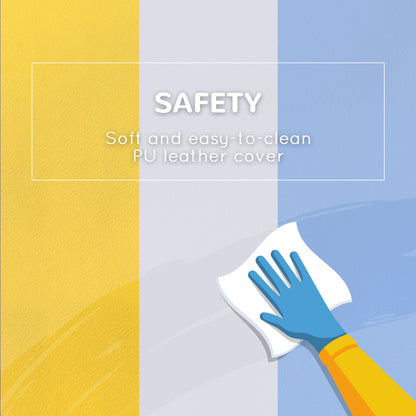 Close-up of yellow, gray, and blue PU leather play set covers being wiped clean