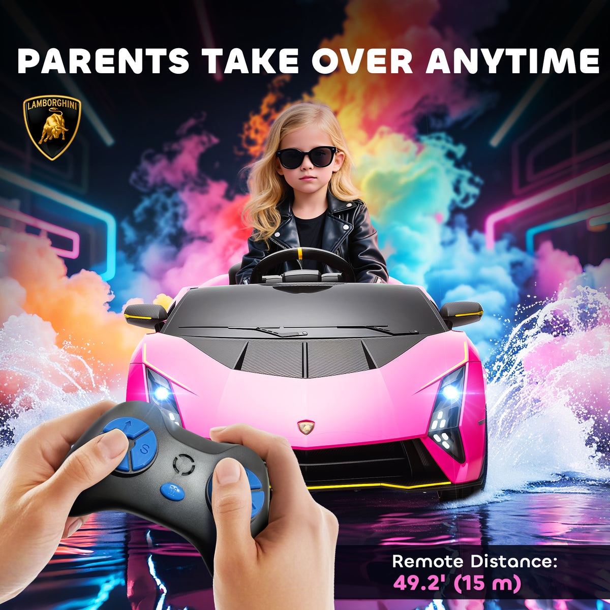 Pink Lamborghini Autentica ride-on car shown with remote control