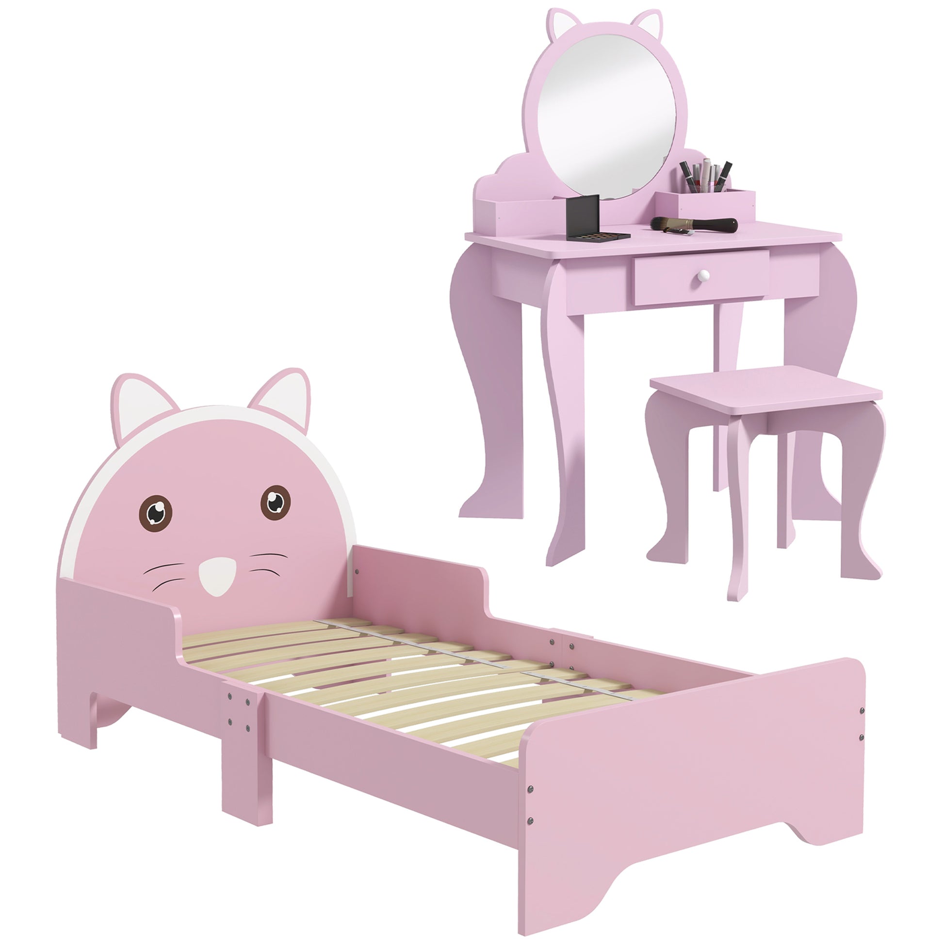Photo of ZONEKIZ Wooden Kids Bedroom Furniture Set with Kids Dressing Table, Stool, Bed, for 3-6 Years, Cat-Design in Cat-Design colour on a white background