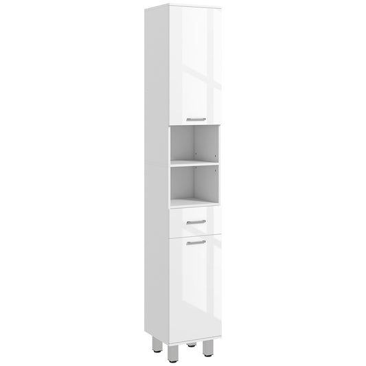 Photo of kleankin 71" Tall Slim Bathroom Storage Cabinet, Narrow Cupboard with Drawer, Open Shelves, 2 Doors, White and High Gloss White in White colour on a white background