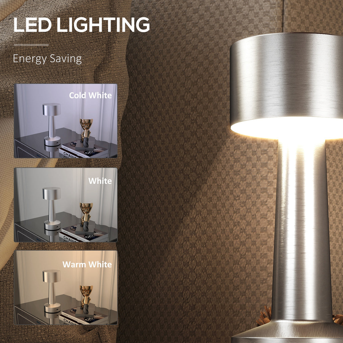 HOMCOM silver LED table lamp shown with cold, neutral and warm light settings