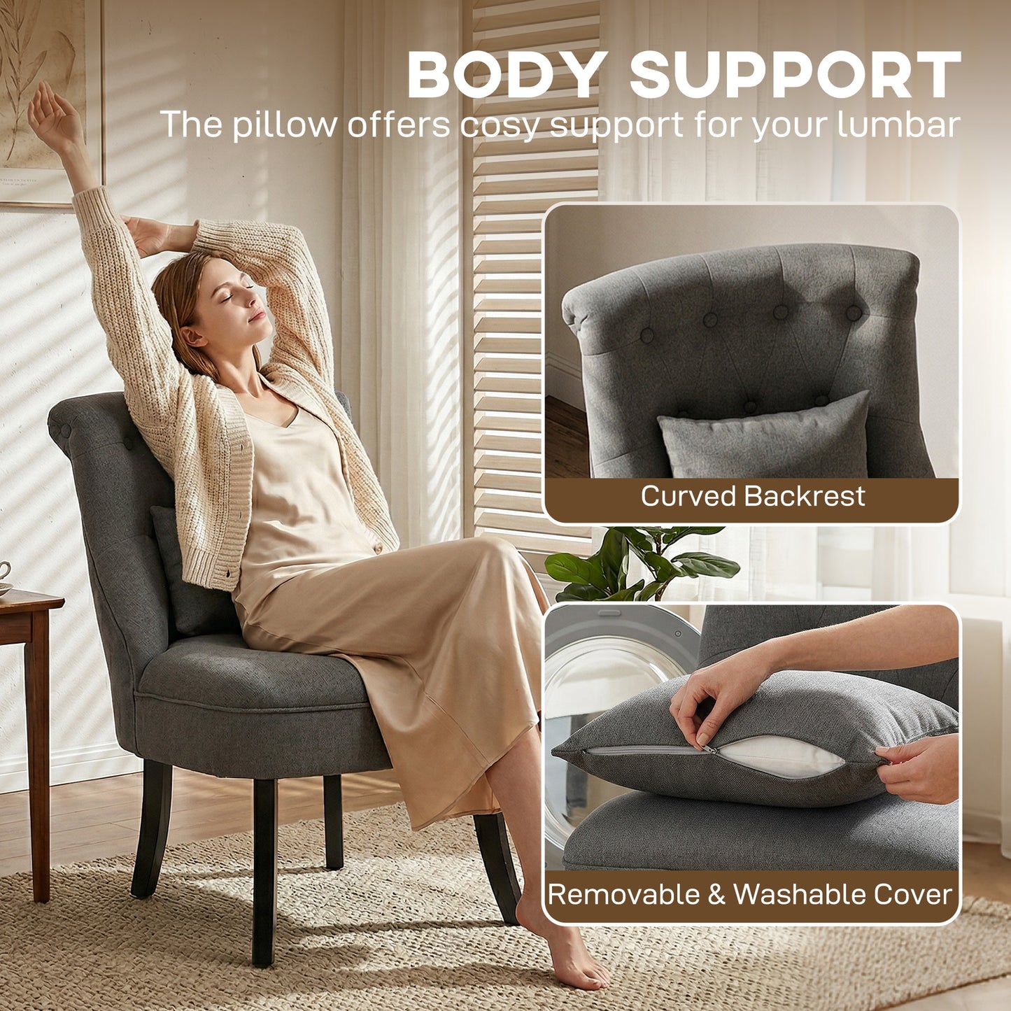 HOMCOM Fabric Single Sofa Dining Chair Tub Chair Upholstered W/ Pillow Solid Wood Leg Home Living Room Furniture Charcoal Grey