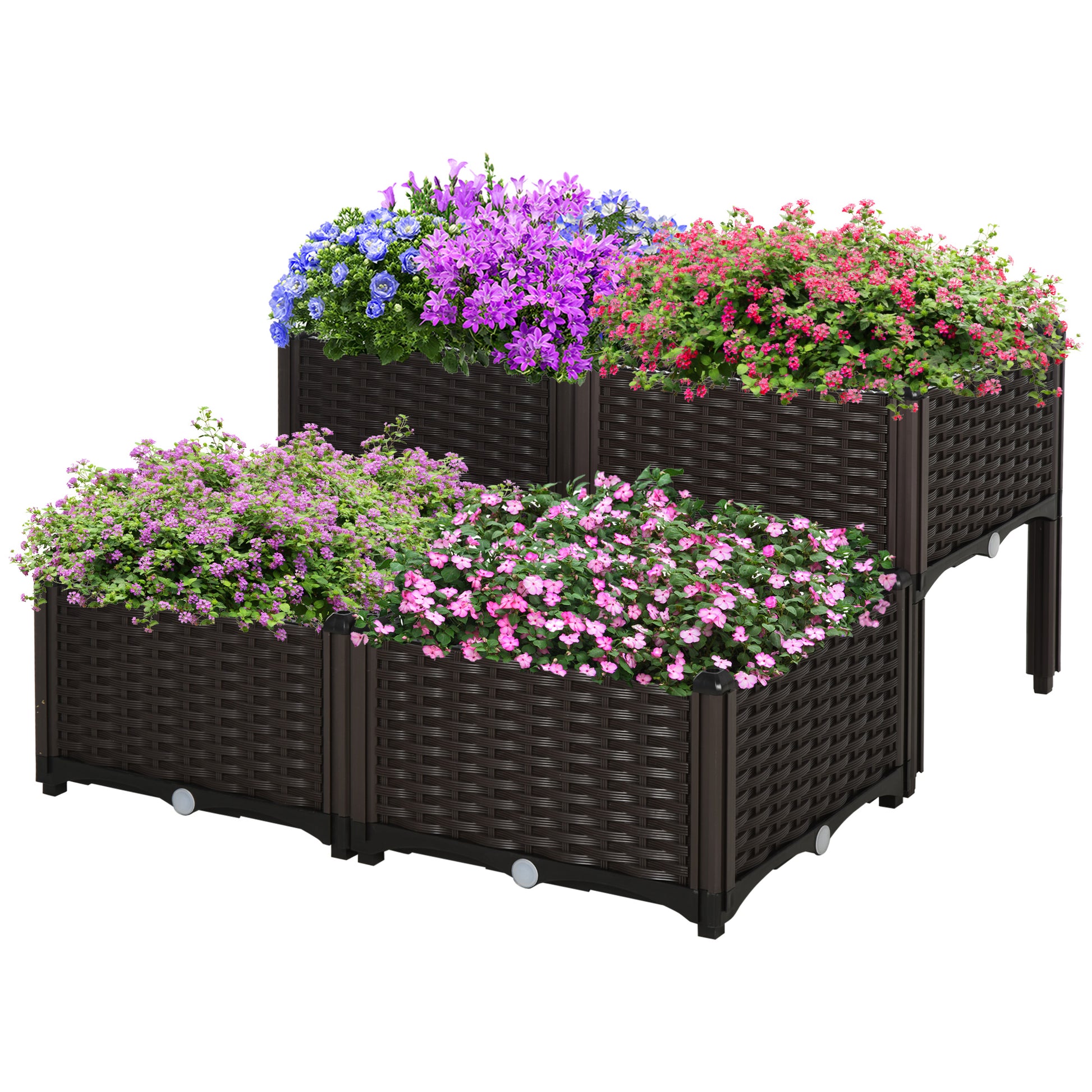Photo of Outsunny Set of 4 26L Garden Raised Bed Elevated Patio Flower Plant Planter Box PP Vegetables Planting Container, Brown in Brown colour on a white background