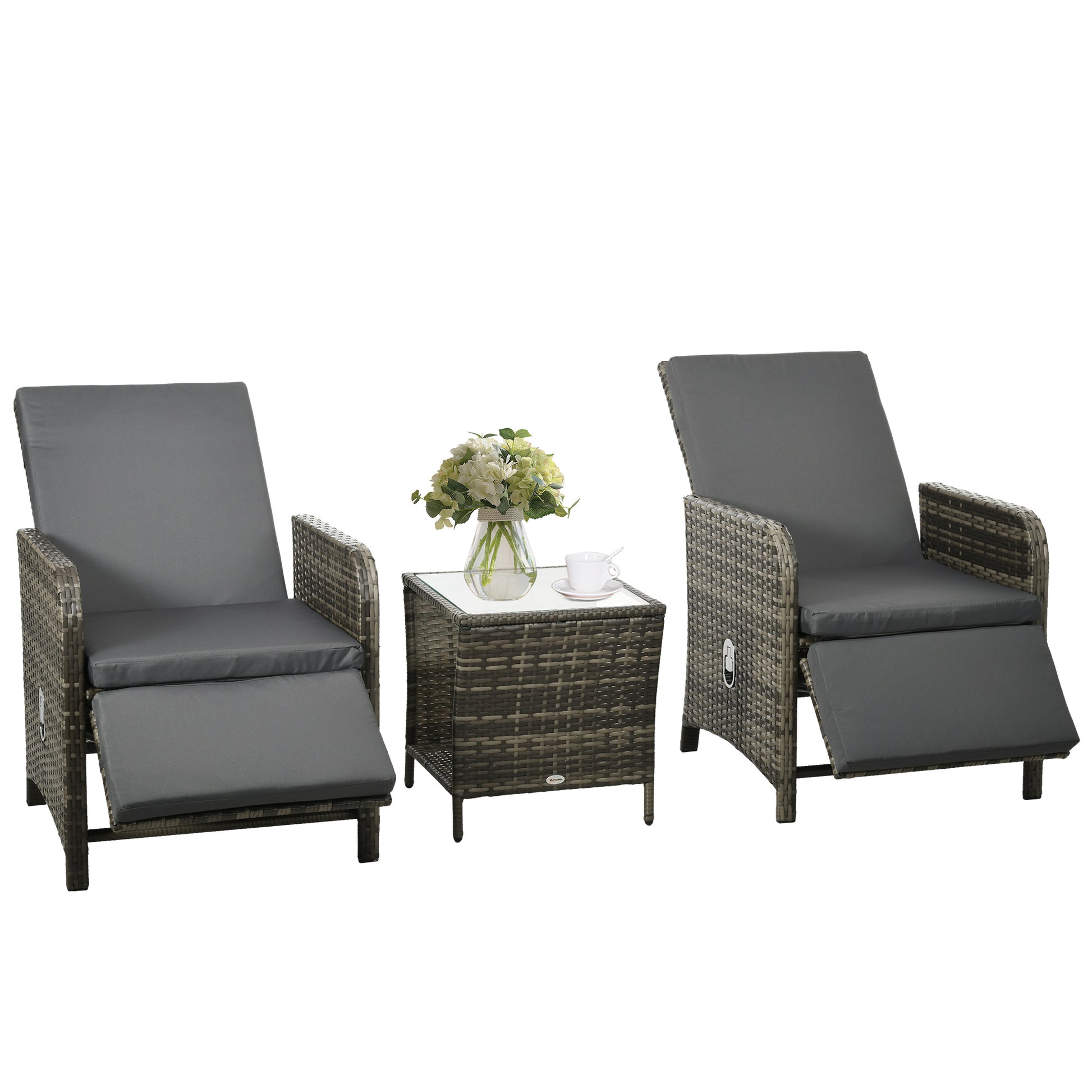 Photo of Outsunny 3 Pieces Rattan Bistro Set Balcony Furniture with Cushions, Storage Function - Dark Grey in Grey colour on a white background
