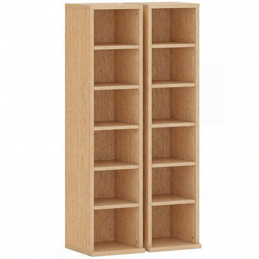 Photo of HOMCOM Set of 2 CD Media Display Shelf Unit Tower Rack with Adjustable Shelves, Natural in Natural colour on a white background