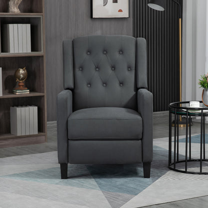 Front view of a deep gray button-tufted wingback recliner chair