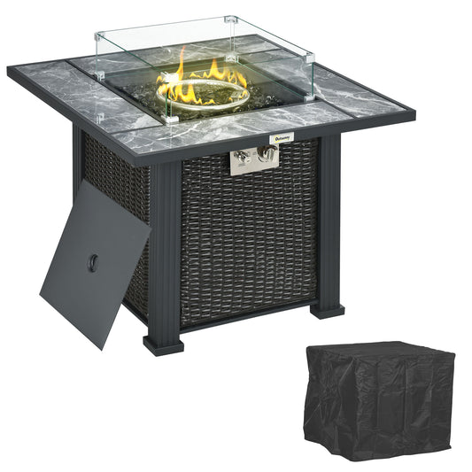 Photo of Outsunny Outdoor PE Rattan Gas Fire Pit Table, Patio Square Propane Heater with Marble Desktop, Rain Cover, Glass Windscreen, and Glass Stones, 50,000 BTU, Black in Black colour on a white background