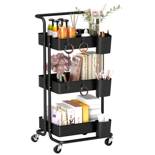 Photo of HOMCOM Three-Tier Home Trolley, with Handle and Wheels - Black in Black colour on a white background