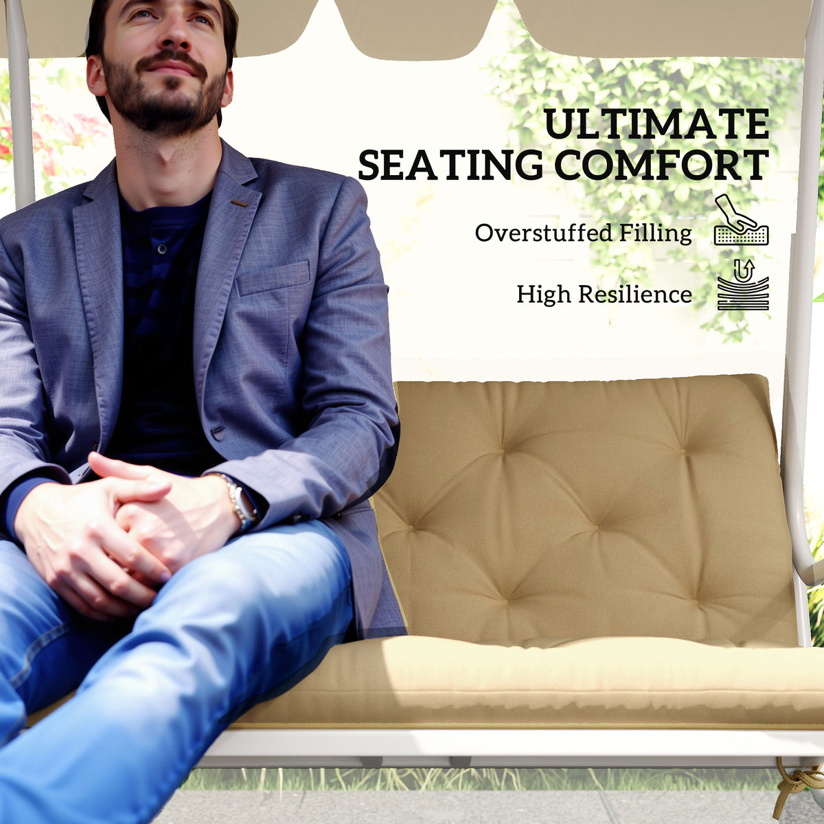 Tufted two-seat bench cushion with thick, resilient filling.