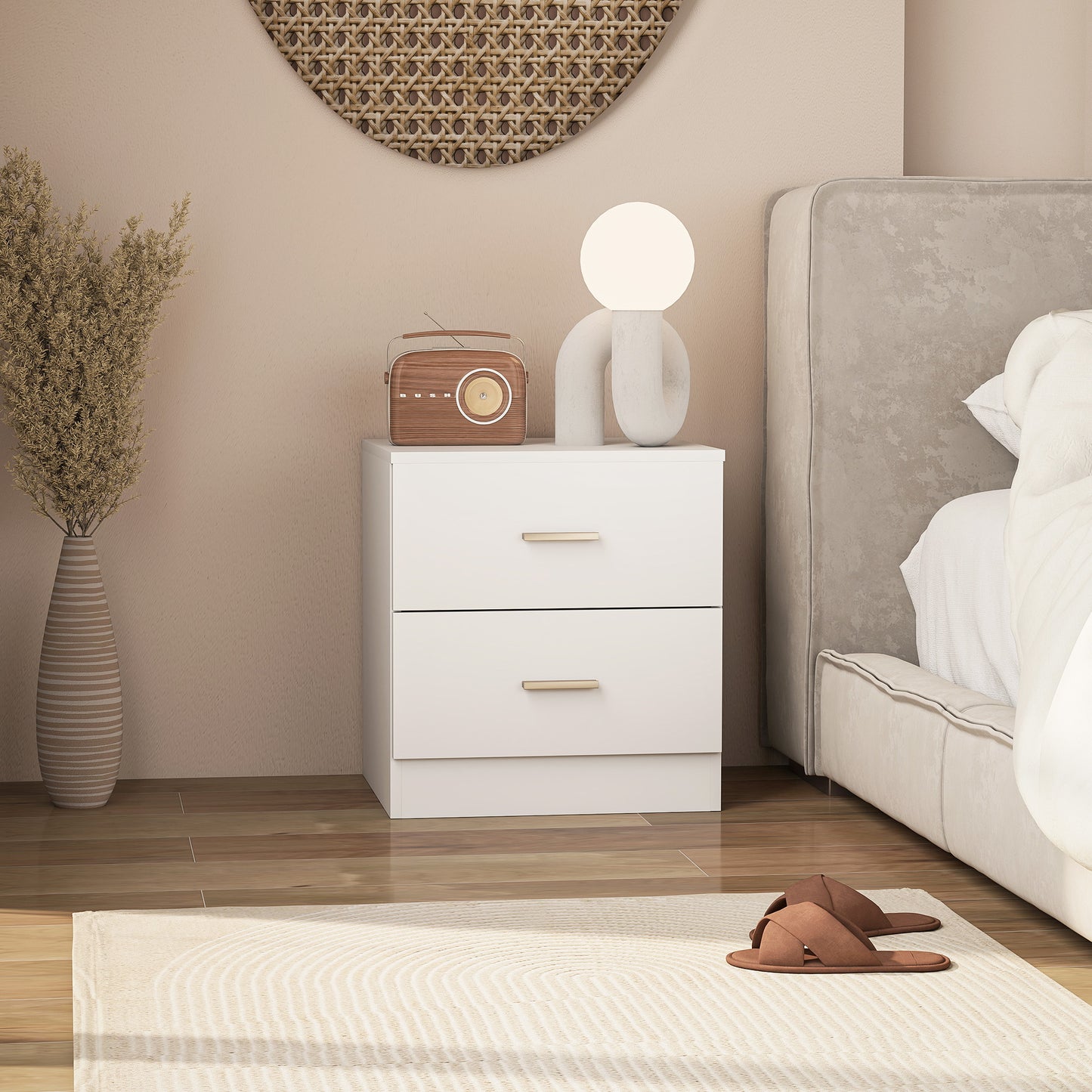 HOMCOM Modern Bedside Table, Beside Cabinet with 2 Drawers, for Bedroom, Living Room, White