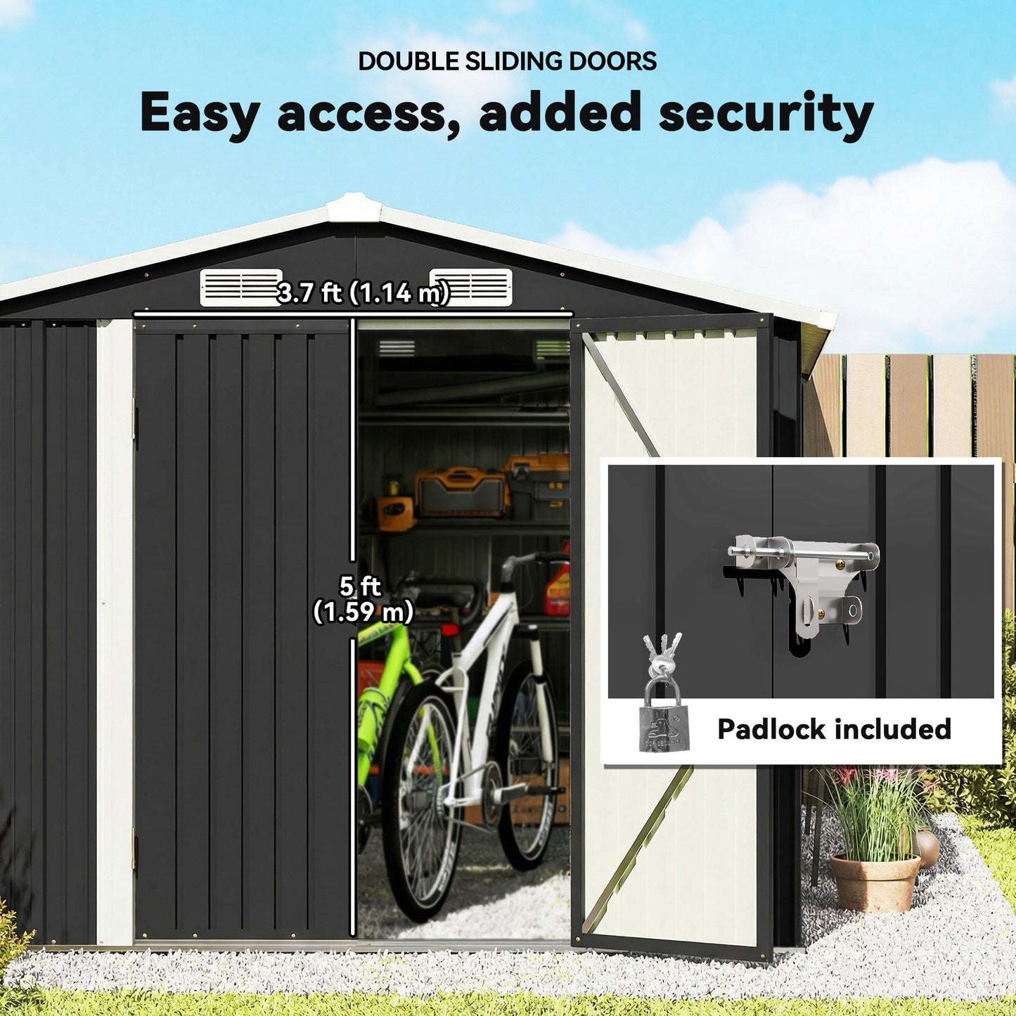 Outsunny 12 x 8 ft Garden Shed, Outdoor Storage Shed with 4 Vents and Lockable Double Doors, Dark Grey