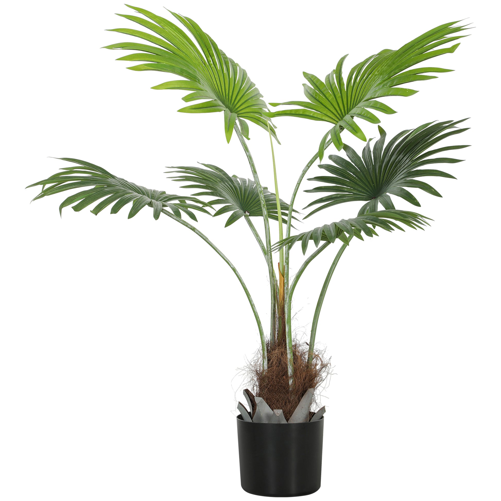 Photo of HOMCOM 94cm Artificial Palm Tree, Decorative Artificial Plant with Lifelike PEVA Leaves and Coconut Coir, Fake Tree with Plastic Pot and Flocking for Home Office Decor, Green in Green colour on a white background