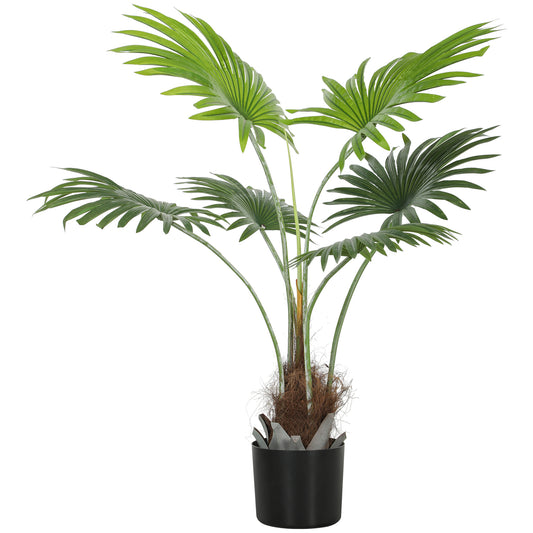 Photo of HOMCOM 94cm Artificial Palm Tree, Decorative Artificial Plant with Lifelike PEVA Leaves and Coconut Coir, Fake Tree with Plastic Pot and Flocking for Home Office Decor, Green in Green colour on a white background