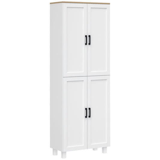 White freestanding kitchen cupboard with four paneled doors, black handles and a wood-effect top.