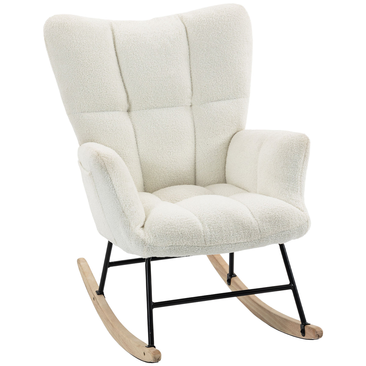 Photo of HOMCOM Rocking Chair, Teddy Fleece Rocker Chair with Tufted Wingback, Side Pockets, Rubber Wood Legs, Cream White in White colour on a white background