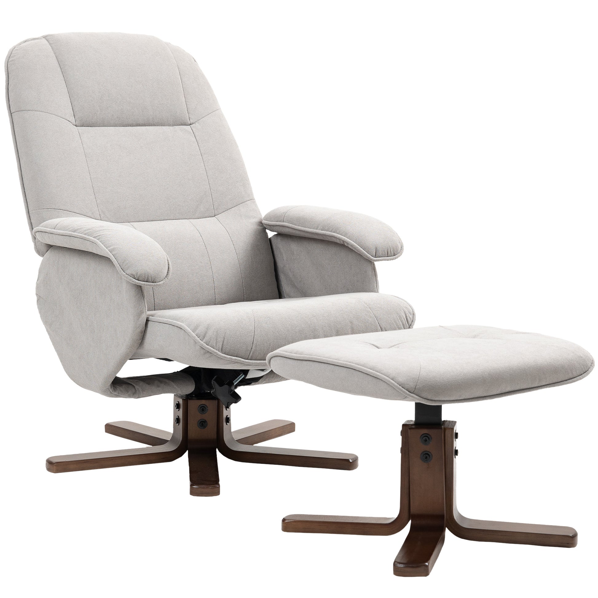 Photo of HOMCOM Linen Swivel Recliner Chair with Footstool, Upholstered Reclining Armchair with Wooden Base for Living Room, Light Grey in Grey colour on a white background